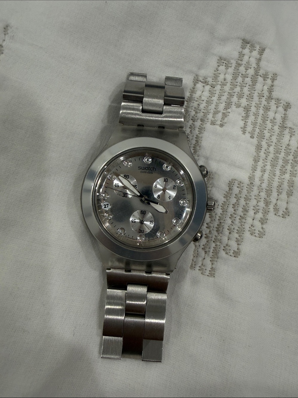 Swatch Silver-tone Crystal Accent Chronograph Watch